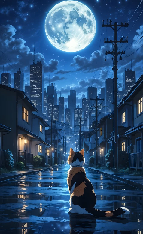 三花猫坐雨夜街道 唯美插画风城市天际线满月夜景 治愈系