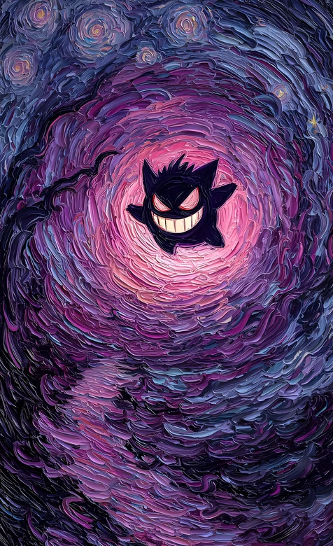 耿鬼·邪笑红瞳 梵高星空油画风 宝可梦暗黑壁纸（超火手机壁纸）