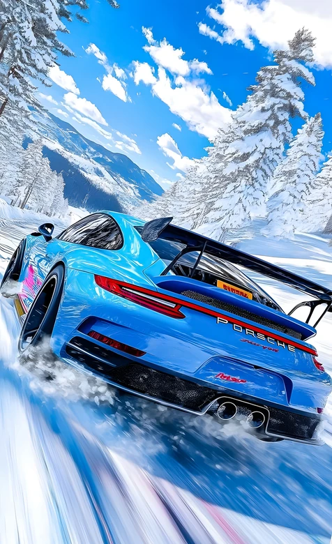 蓝色跑车雪地疾驰·二次元动感风 高清新品手机壁纸