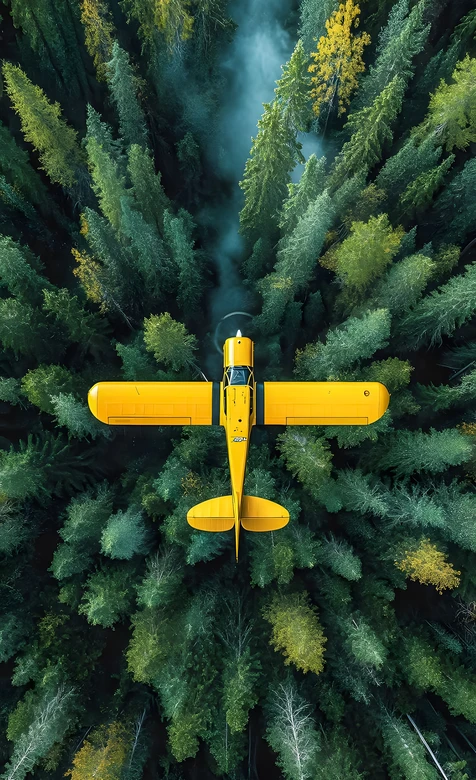 黄色飞机·森林迷雾高空·唯美写实风 自然飞行手机壁纸