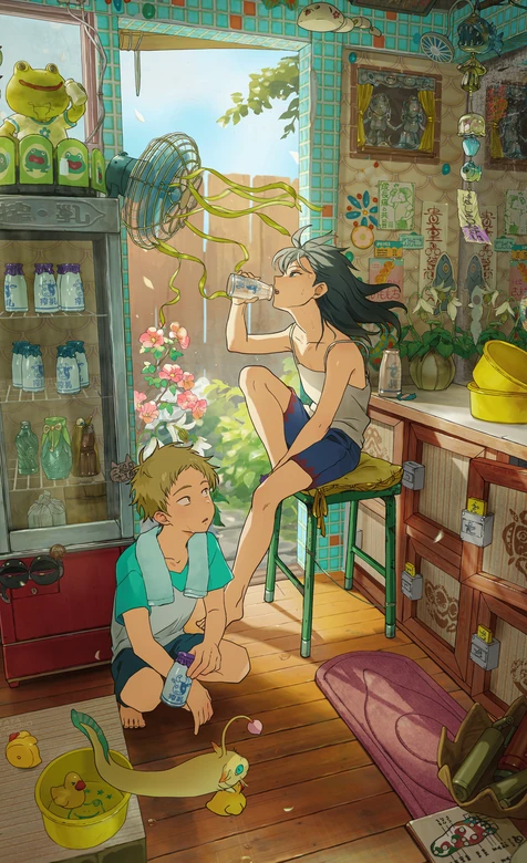 国漫风夏日少年日常 宠物绿植相伴 治愈系手机壁纸