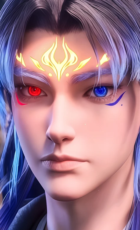 国漫帅哥·沧元图孟川·红蓝异色瞳金纹蓝紫发 唯美国风手机壁纸