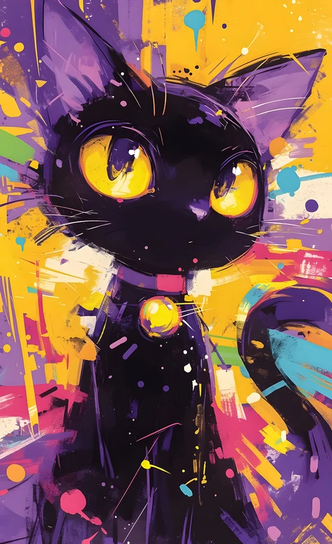 黑猫吉吉·炫彩涂鸦风 超火二次元手机壁纸