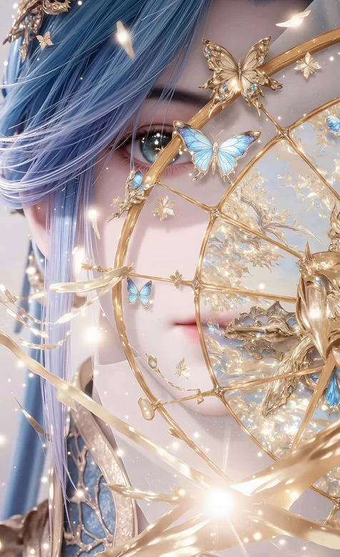 蓝发古风美女·金饰蓝蝶萦绕 唯美国风手机壁纸