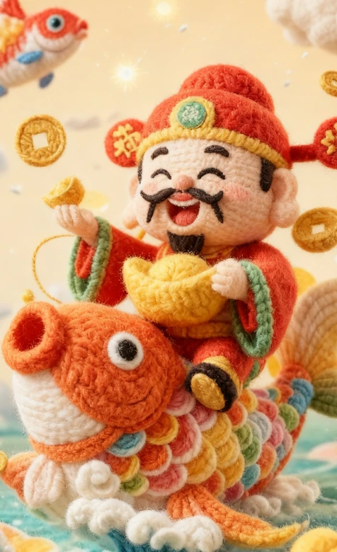 财神·骑锦鲤抱元宝 国风毛线编织 新春财运手机壁纸