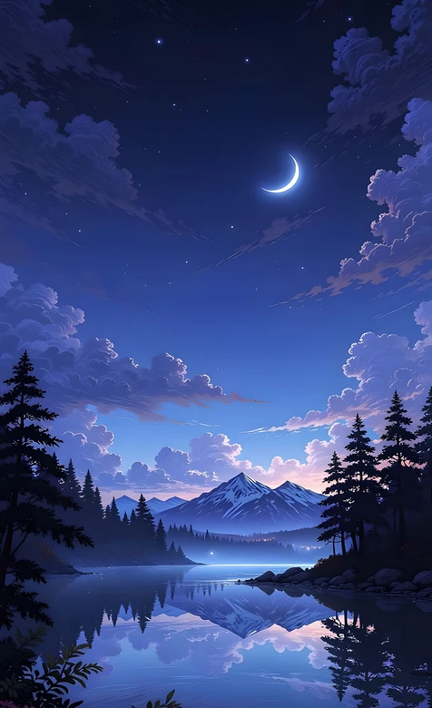 湖光雪山月夜云海松林·唯美插画风 高清自然风景壁纸