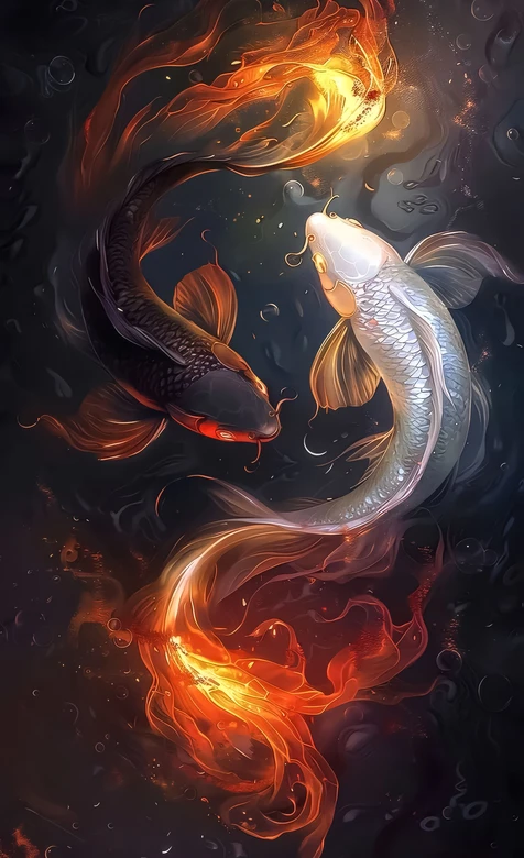 太极锦鲤·赤焰墨鳞与银辉白鲤交织国风高清动态
