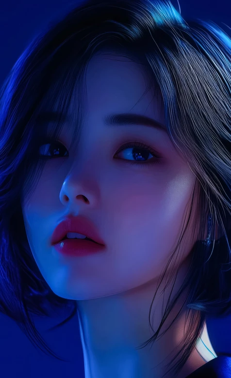 蓝调光影少女·深邃眼眸写实唯美肖像·高清氛围壁纸