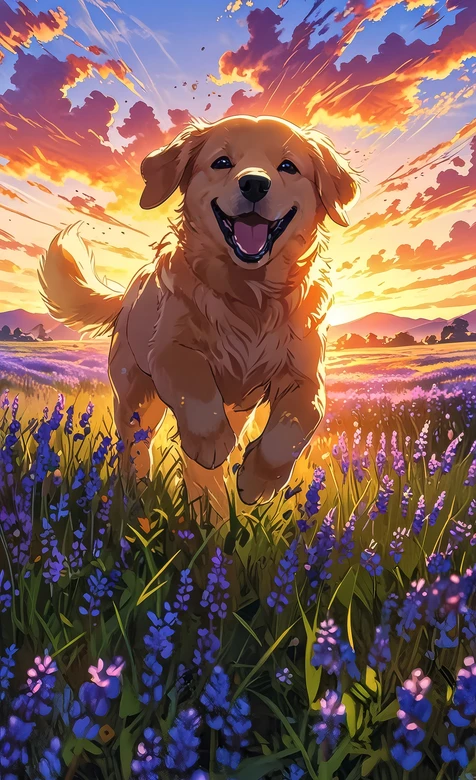 金毛犬奔跑于薰衣草花田·夕阳暖光唯美治愈风 高清治愈系
