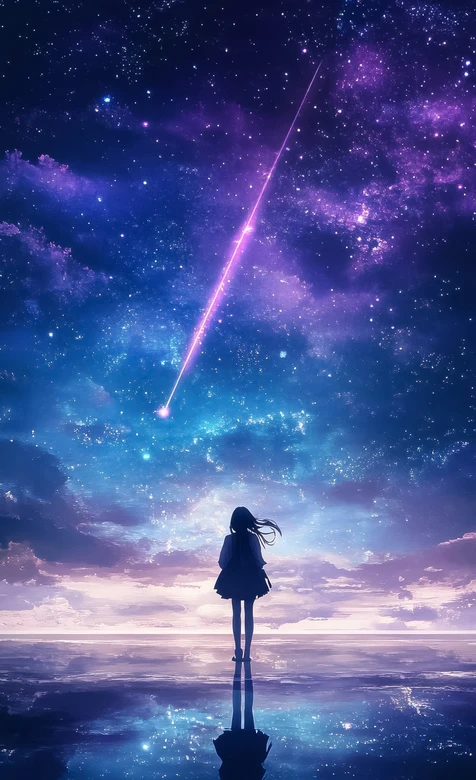 流星划破深蓝星云夜空·少女背影仰望唯美星空宇宙·高清动漫场景