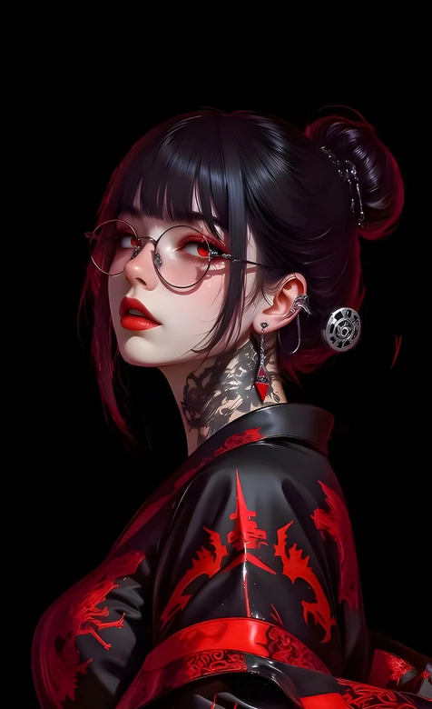 红瞳眼镜少女·颈间龙纹暗黑新中式·高清插画