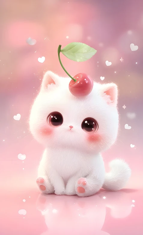 头顶樱桃的白色萌猫·软萌治愈风·高清萌宠插画壁纸