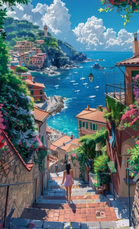 海边彩色小镇与阶梯女孩·治愈系唯美插画·地中海风情场景