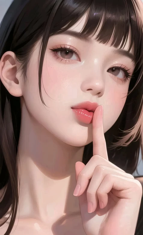 齐刘海长发少女·手指抵唇写实唯美风高清头像