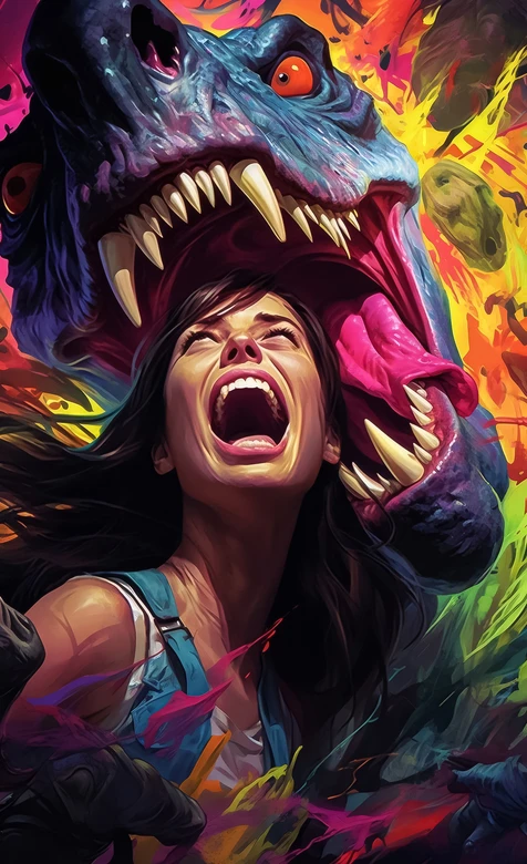 惊恐女性与咆哮恐龙对峙·奇幻涂鸦艺术风格·超高清视觉壁纸