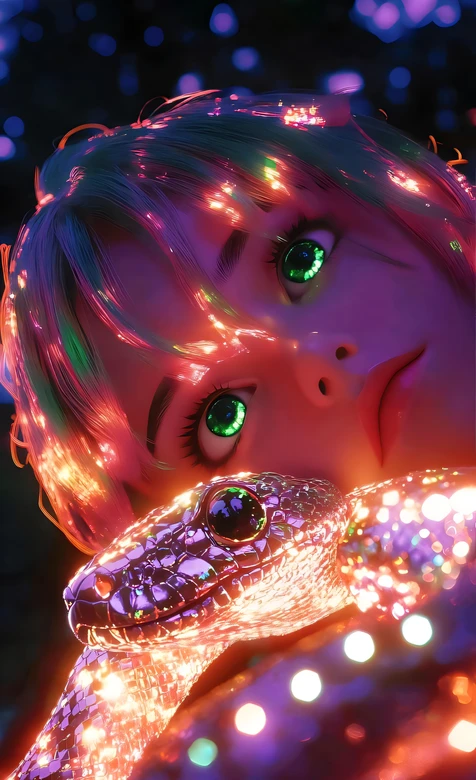 绿瞳霓虹少女与晶蛇 赛博朋克炫彩手机壁纸