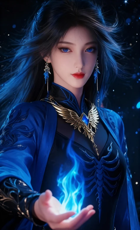 神秘女法师·蓝焰凝掌 国风玄幻CG 暗黑星空手机壁纸