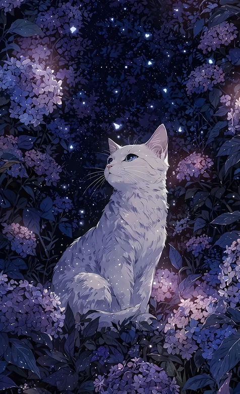 白猫仰望星空绣球花海 唯美梦幻插画手机壁纸