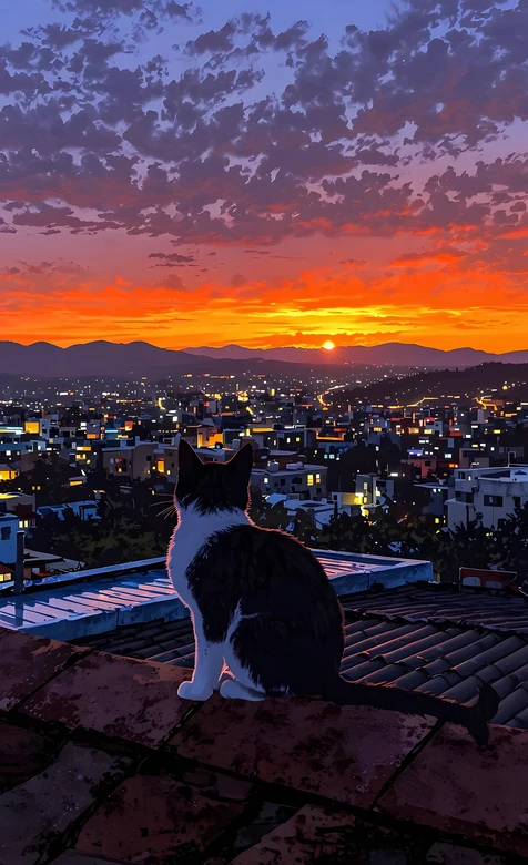 黑白猫屋顶眺望城市日落 唯美插画风远山晚霞治愈手机壁纸