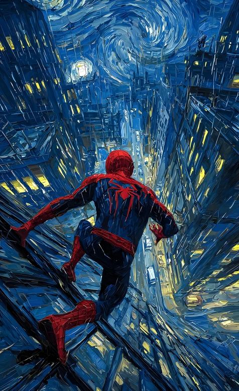 蜘蛛侠·经典战衣 梵高星夜油画风都市夜景 漫威超英手机壁纸