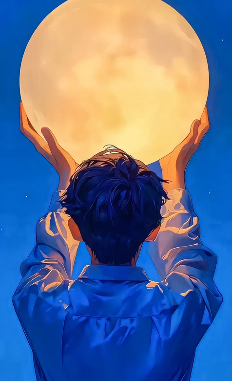 少年背影托满月 唯美二次元风格 治愈系手机壁纸推荐