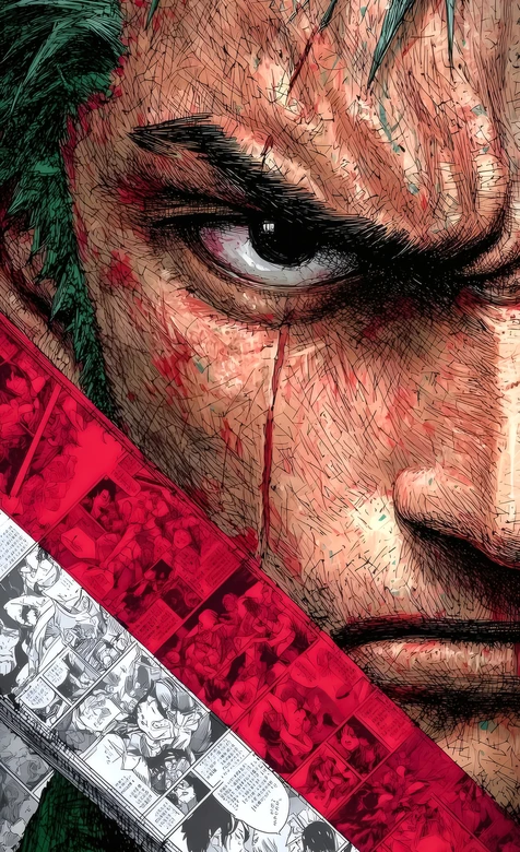 罗罗诺亚·索隆 带血坚毅眼神 漫画分镜刀 手绘热血风手机壁纸