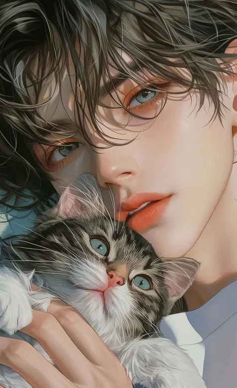 手绘写实风抱猫帅哥 治愈系暖调手机壁纸