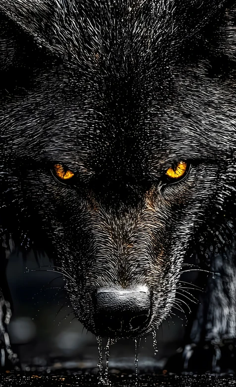 暗黑写实黑狼·金黄眼眸滴水毛发 超酷黑狼壁纸