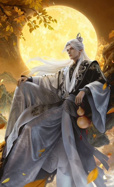 古风银发美男·仙逆王林·国风仙侠唯美 月夜秋叶意境壁纸
