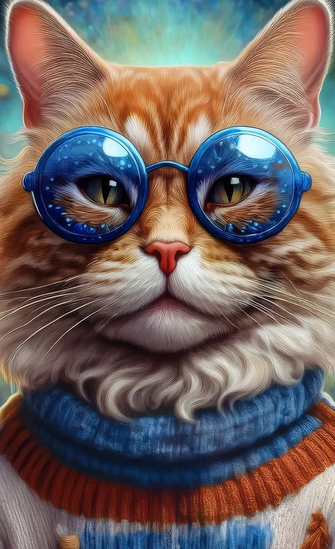 橘猫·戴蓝眼镜穿毛衣 梦幻写实风原创插画壁纸