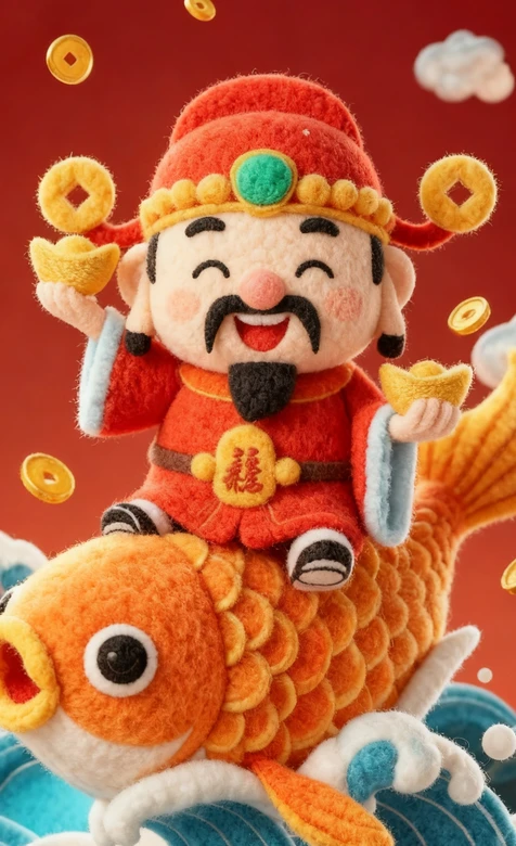 财神·毛绒国风手作 骑锦鲤持金元宝新年招财手机壁纸