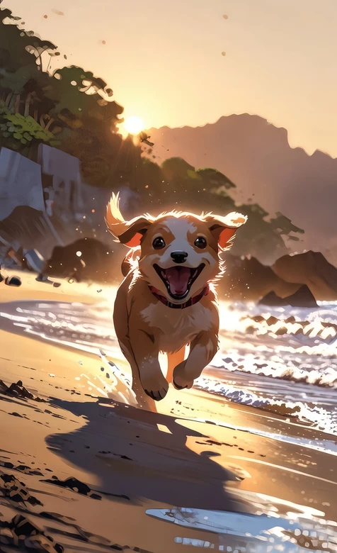 萌犬奔跑·海滩日落（动漫风） 治愈系手机壁纸精选