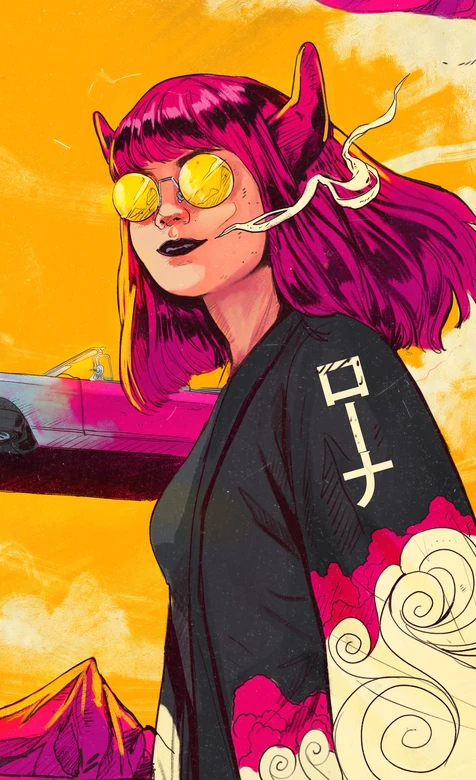 ローナ·红发角饰黄墨镜 日式云纹衣 赛博浮世绘风手机壁纸