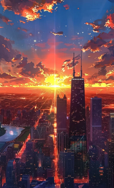 都市天际线二次元日落霞光 暖调都市壁纸（都市日落二次元壁纸）