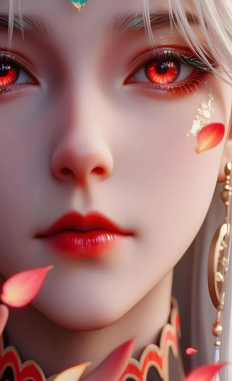 国风唯美白发红瞳少女·柳七月·花瓣环绕华丽配饰手机壁纸