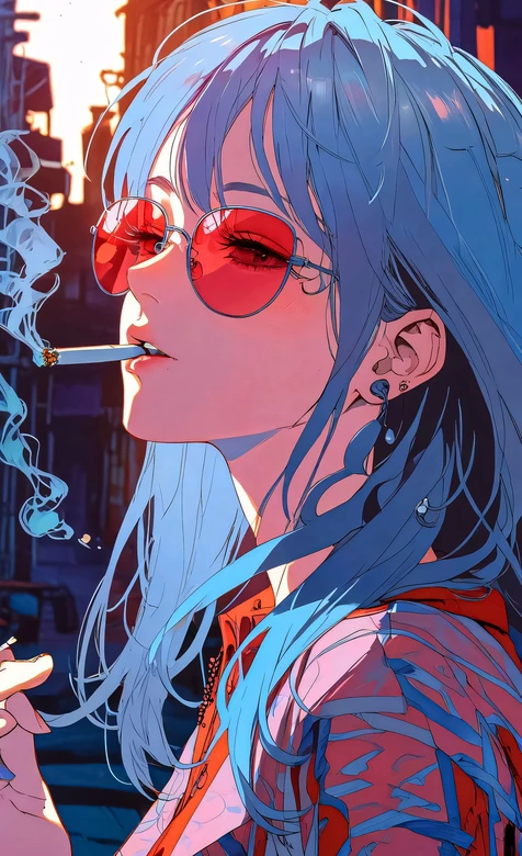 蓝发少女·红墨镜香烟 赛博朋克二次元 赛博朋克手机壁纸精选