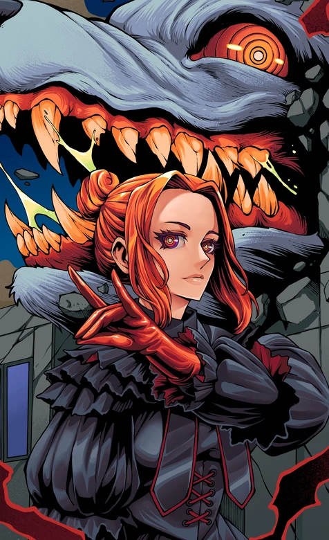 红发御姐·巨狼狰狞伴身 暗黑国漫风手机壁纸