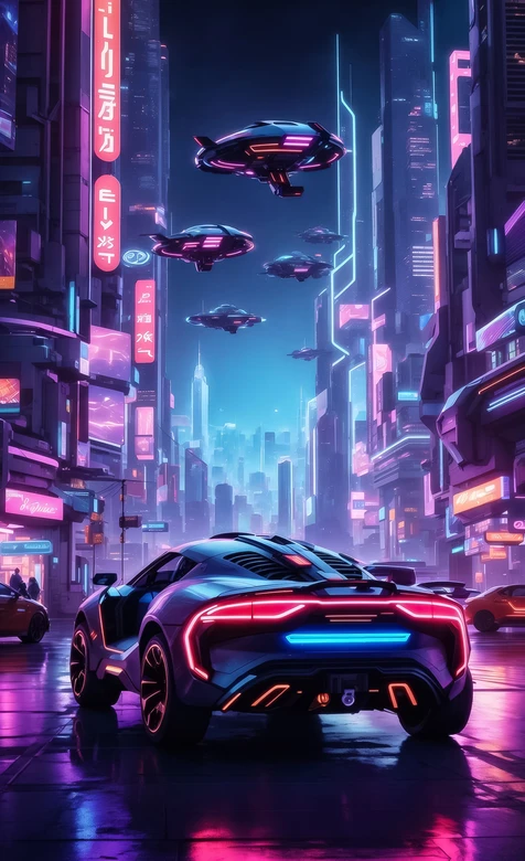 赛博朋克未来都市·霓虹跑车与悬浮飞碟 赛博风热门壁纸