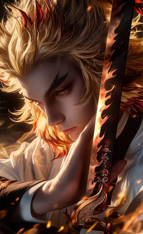 炼狱杏寿郎·炎之呼吸日轮刀 写实热血风鬼灭之刃手机壁纸