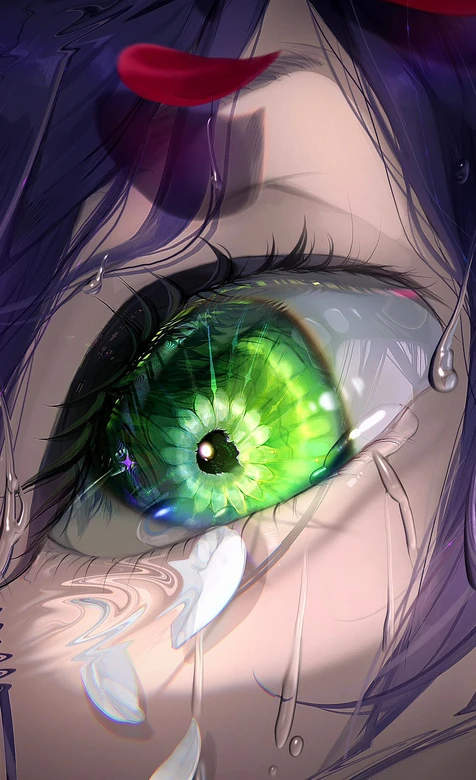 二次元唯美眼眸·翠绿瞳孔落泪 紫发 梦幻插画 高质感手机壁纸