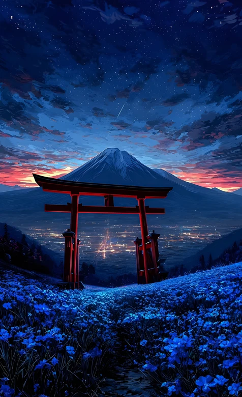 日式唯美富士山鸟居蓝色花海夜景 二次元手机壁纸