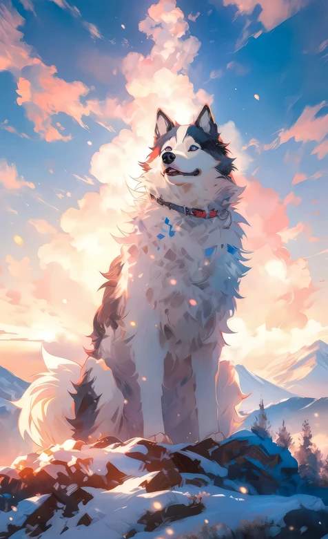 雪境蓝眼哈士奇·唯美动漫风 暖光云海雪山插画壁纸