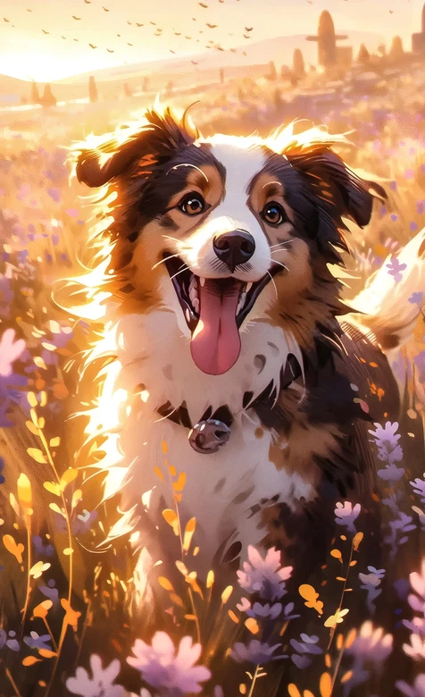 笑容灿烂的狗狗·花田日落唯美插画 治愈系手机壁纸