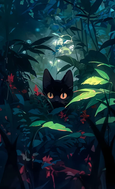 黑猫咪·橙瞳凝视 二次元插画风丛林秘境 治愈系丛林猫咪壁纸
