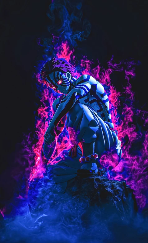 猗窝座·鬼纹焰影 霓虹暗黑风鬼灭之刃高燃壁纸