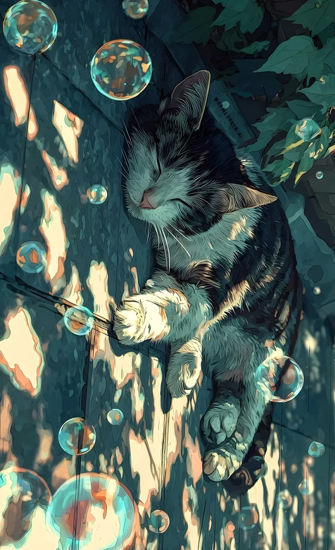 熟睡的猫咪·唯美AI插画风 治愈系宠物猫咪手机壁纸