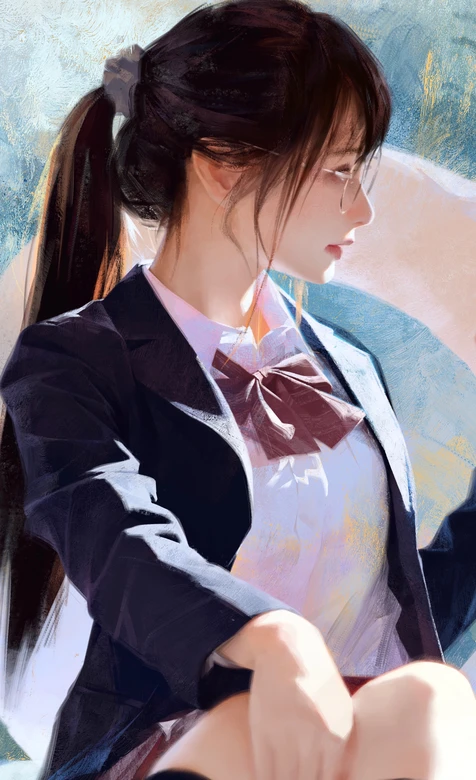 扎马尾戴眼镜校服少女 写实唯美手绘风 原创插画 校园风手机壁纸