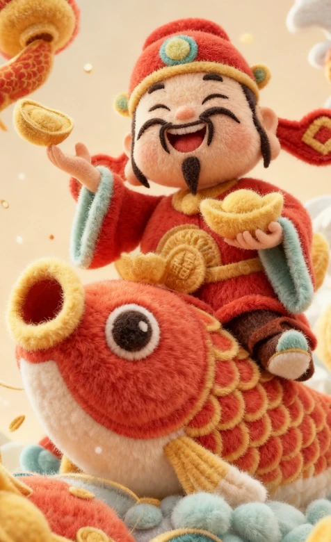 财神·毛绒国风形象 骑锦鲤持金元宝 国潮春节财运手机壁纸