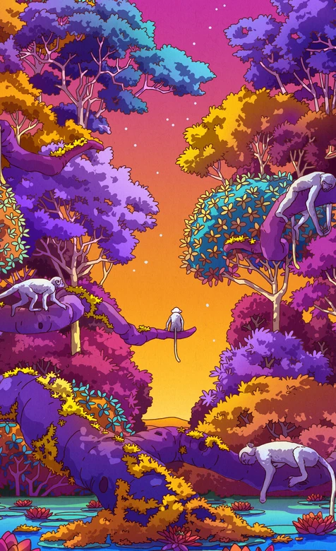奇幻森林灵长类栖息·霓虹色彩风 原创插画超火手机屏保