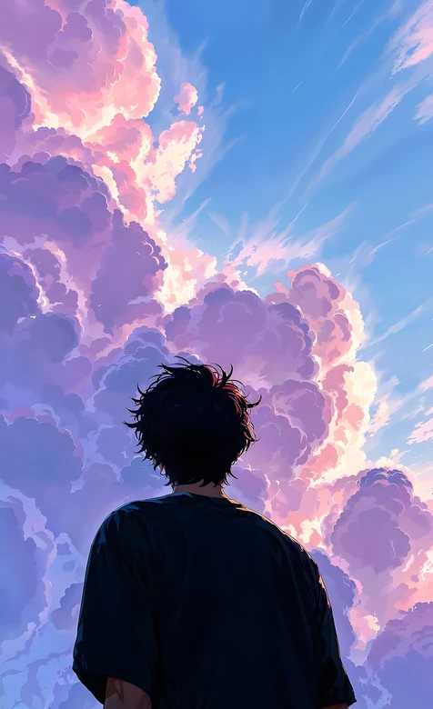 黑发少年背影仰观粉紫云海 二次元治愈系壁纸
